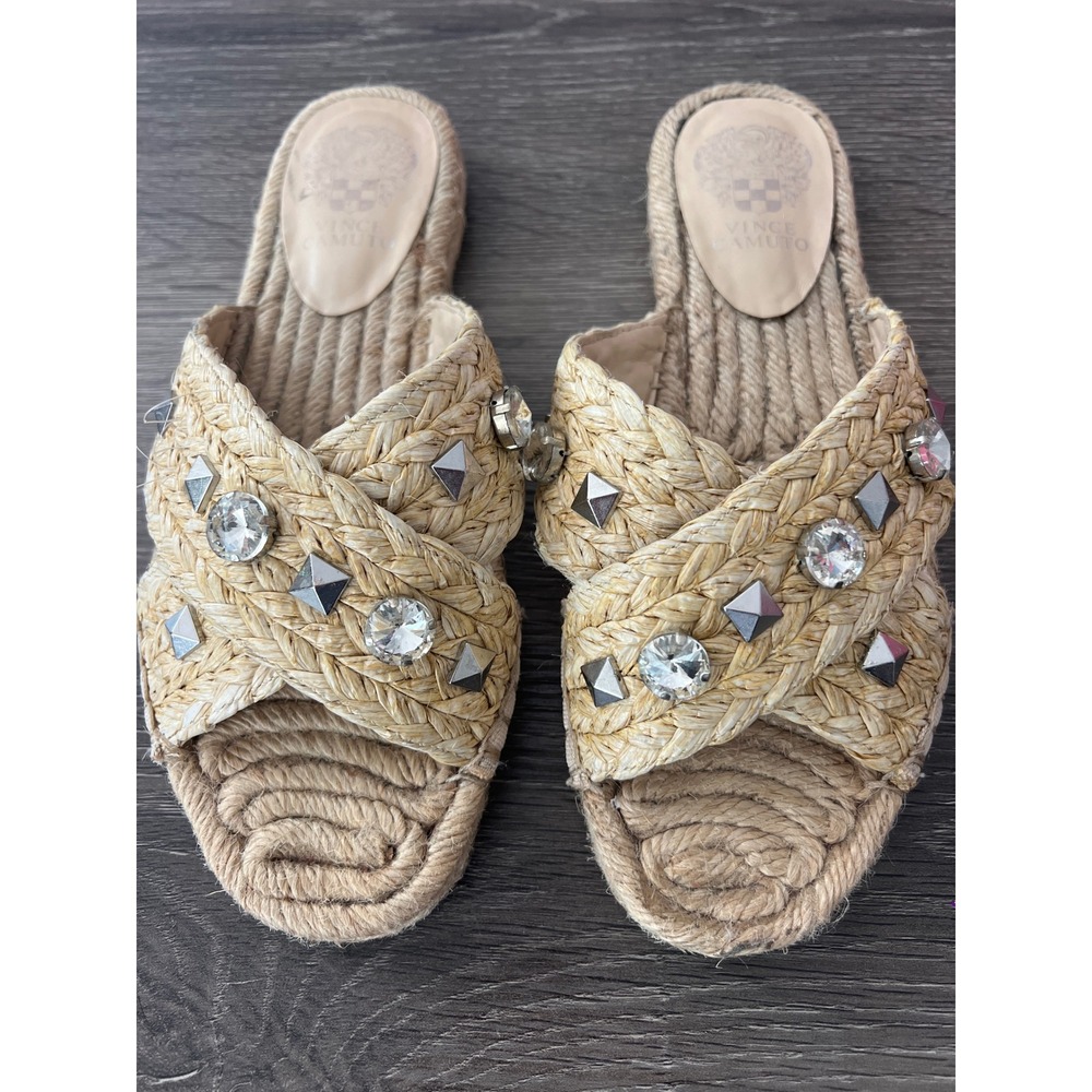 Vince Camuto Womens Raffia Espadrille Slides Crystal Studded Sandals Tan 7M 37.5